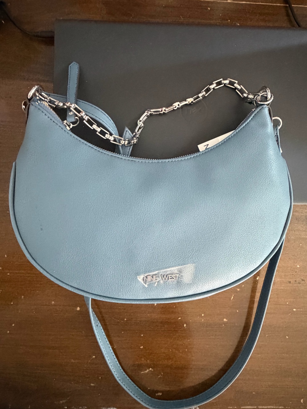 Nine West Dusty Blue Crescent Shoulder Bag with Silver Chain